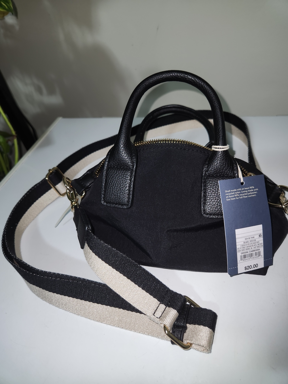 Universal Thread Black Mini Crossbody Satchel with Black-and-Cream Strap